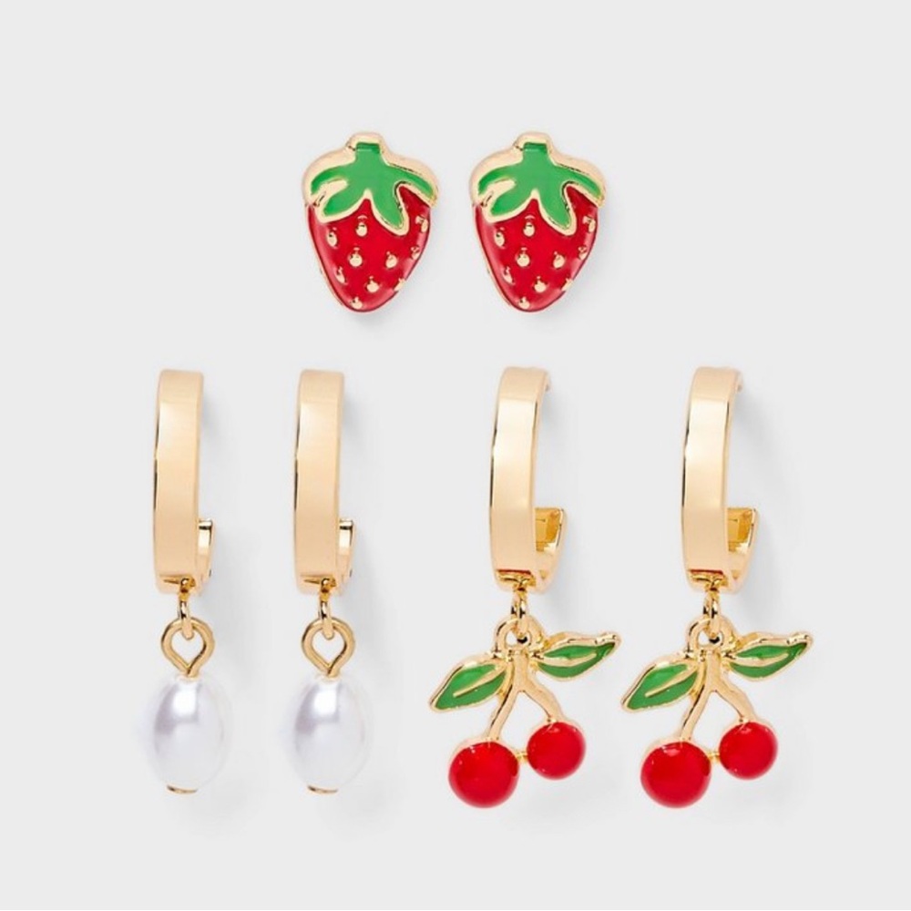 A New Day - 3 Piece Set- Gold and Red Fruit Earrings Set